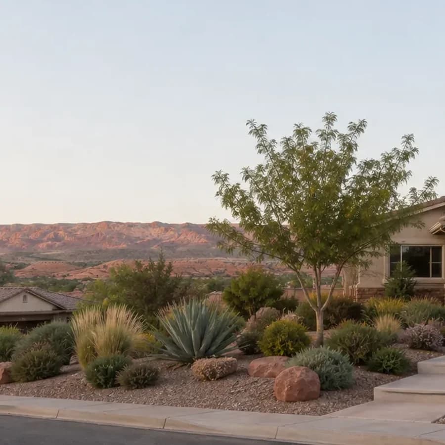 A Southern Utah street where the front yards are gravel, agave and desert shrubs instead of lawn, with red cliffs behind